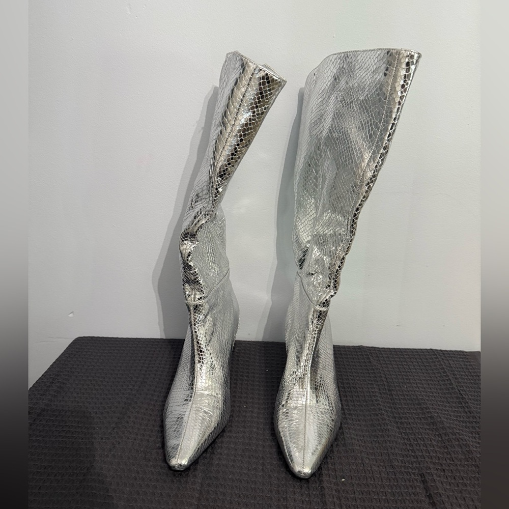 Metallic Silver Snake-Embossed Knee-High Boots Women’s 8